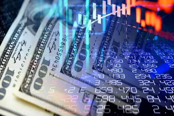 Cash dollar bills and stock market indicators