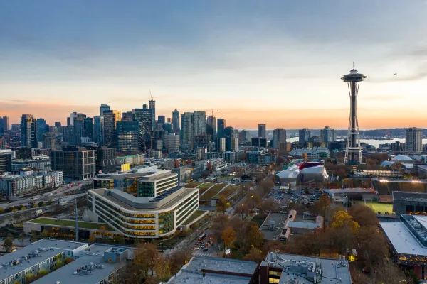 Drone shot of downtown Seattle, Washington at sunset.