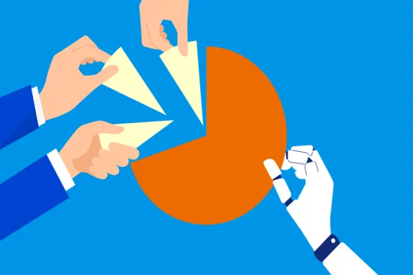 Illustration of an artificial intelligence hand holding a large pie, top share image, vector - stock illustration