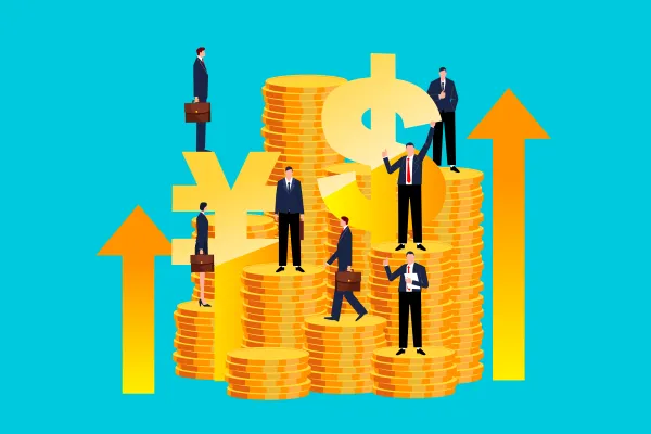 Currency trading, investment wealth management, financial services, a group of traders standing on piles of gold coins and dollar signs