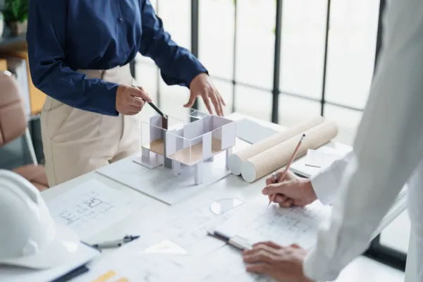 Architecture drawing on architectural Creative project business architecture building construction Industrial engineering Achievement Planning Design on blueprint eco Concept