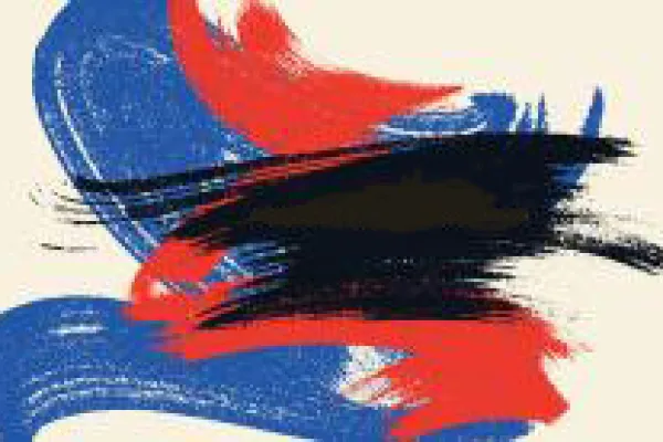 Abstract painting with red, black, and blue brushstrokes on a white background