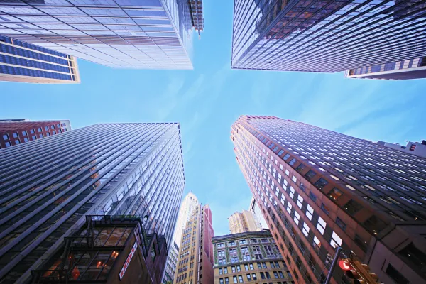 corporate skyscrapers frame the sky in Midtown Manhattan, New York City, USA