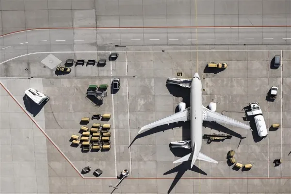 Aerial view of the airport and airplane