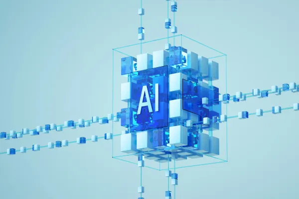 3D AI technology platform with interconnected digital cubes and a central "AI" label