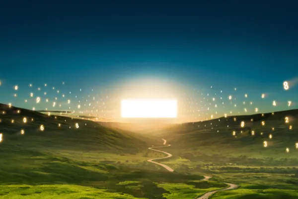 Bright sunset over rolling green hills with glowing fireflies dancing around.