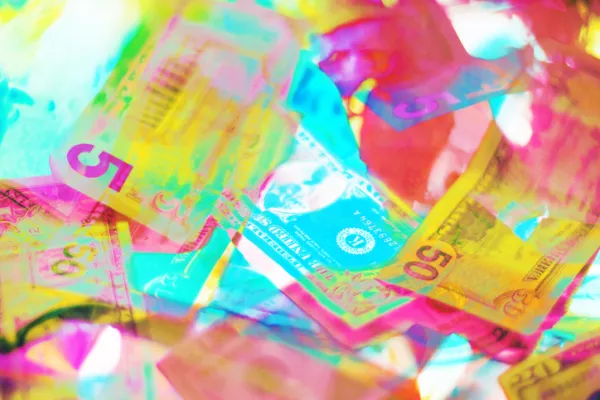 Holographic US currency bills, vibrant color