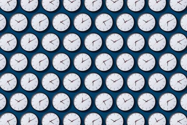 Arranged Timezone Clocks on Blue