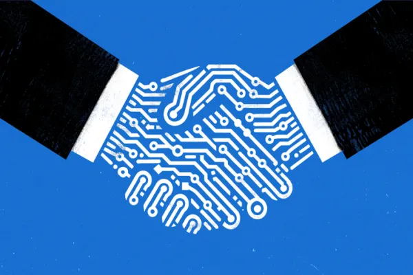 Hand shake between two businessmen with digital hands