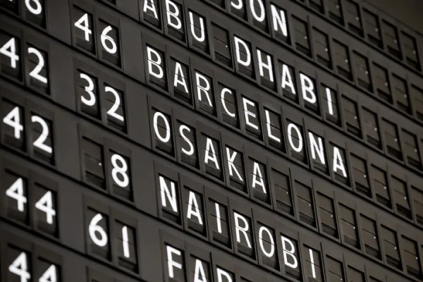 Retro style destinations on an arrival/departures board at the airport