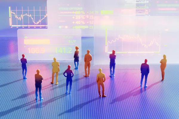 Business People Standing and Discussing in the Metaverse. Digital Collaborations in the Metaverse. Digital Finance Evolution. Innovative Fintech Technology. Visualizing Financial Investment. Stock Market Trading Monitor