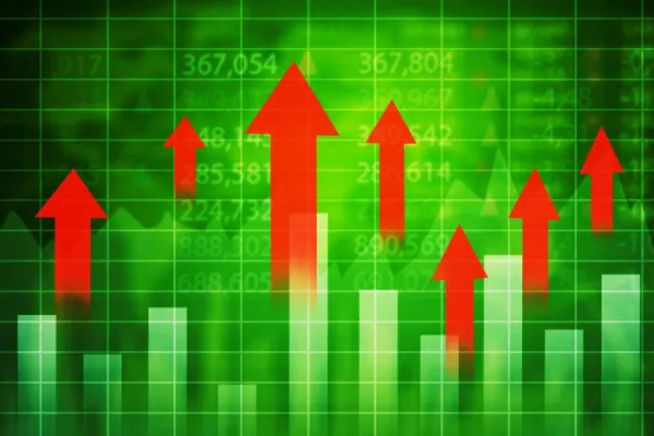 Red upward arrows with currency exchange rate