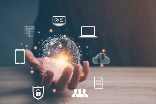 Hand holding virtual Global Internet connection metaverse. Business global internet connection application technology and digital marketing, Financial and banking, Digital link tech, big data.