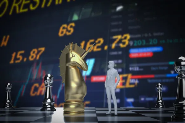 The unicorn and man figure on chess board for business concept 3d rendering