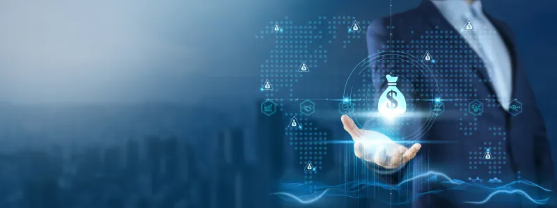 Investment: Businessman Holding Investment on Global Technology Network, Market Trends and Analysis, Financial Growth, Strategic Planning.Opportunities.