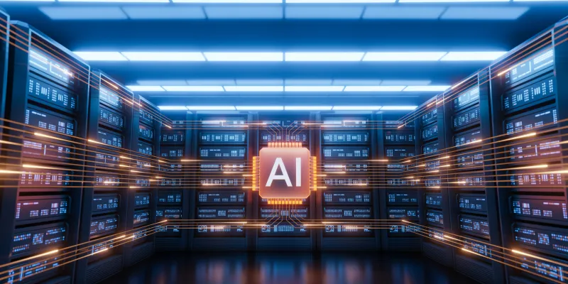 Futuristic AI Server Room with Data Flow