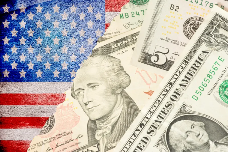 Flag of USA and dollar banknotes