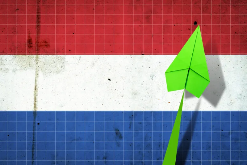 Upward arrow on the background of the flag of Netherlands. 