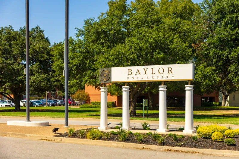 Baylor University Sign on the Campus of Baylor University in Waco, Texas.