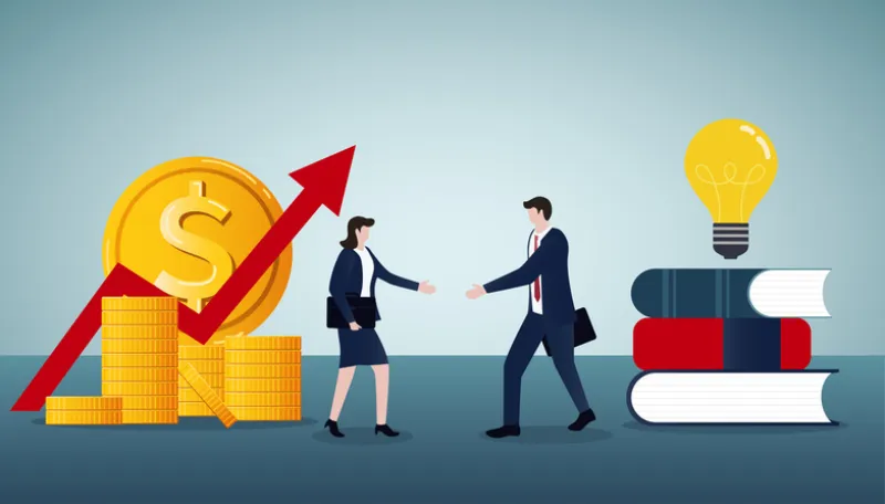 Sponsorship of innovations. Buying and selling ideas. Businessman with light bulbs, businesswoman give money for information. Investing in knowledge and new technologies. Vector cartoon flat business concept