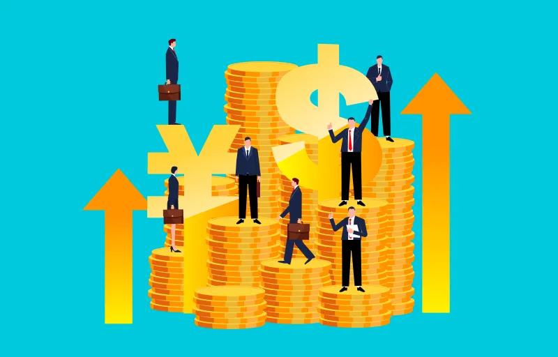 Currency trading, investment wealth management, financial services, a group of traders standing on piles of gold coins and dollar signs