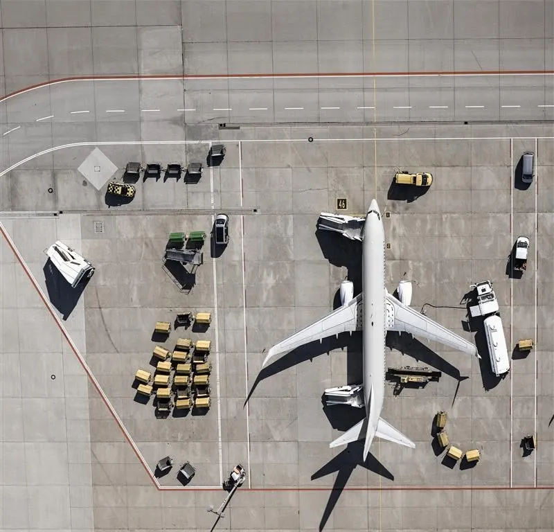 Aerial view of the airport and airplane