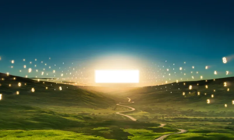 Bright sunset over rolling green hills with glowing fireflies dancing around.