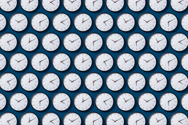 Arranged Timezone Clocks on Blue