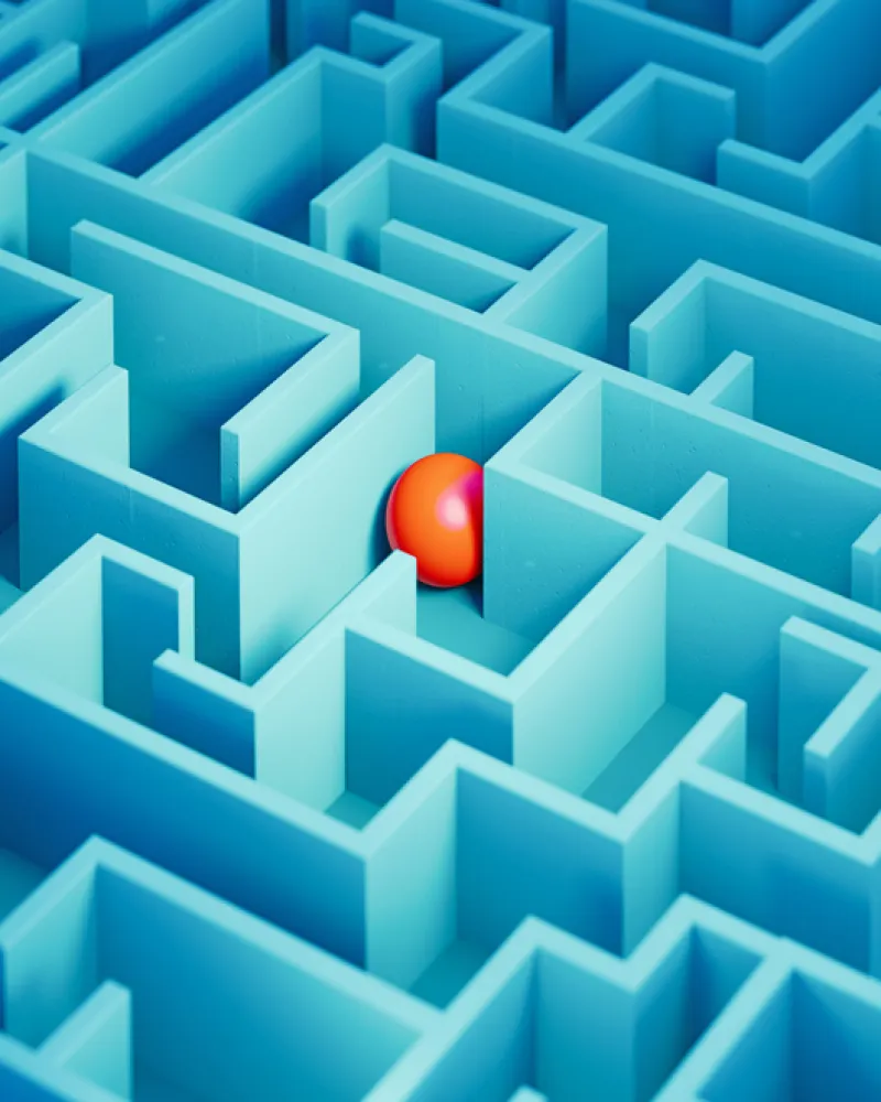 Red Colored Sphere Trapped Inside A Blue Maze - Solution Concept