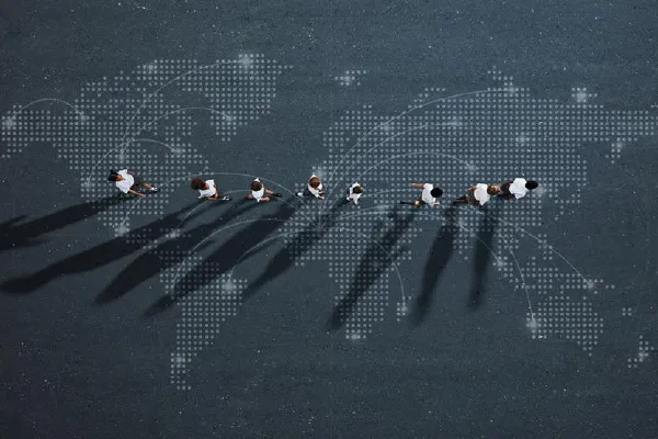 Global map with numbered location markers and long shadows in a dark blue background.