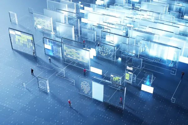 A digital network of floating screens displaying data and graphics in a high-tech setting.